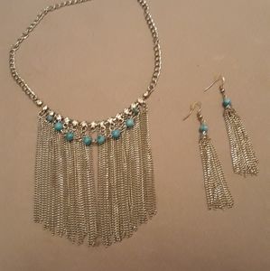 Necklace & Earring set - silver chain & turquoise beads new